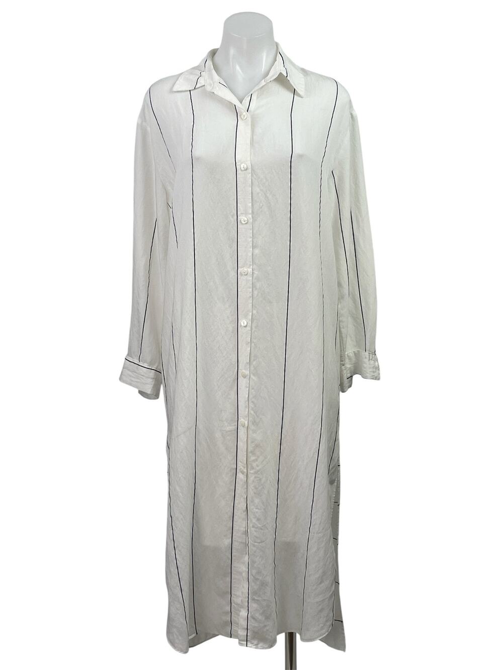 Zara Women's White Striped Long Sleeve Relaxed Button Down Midi Shirt Dress XS